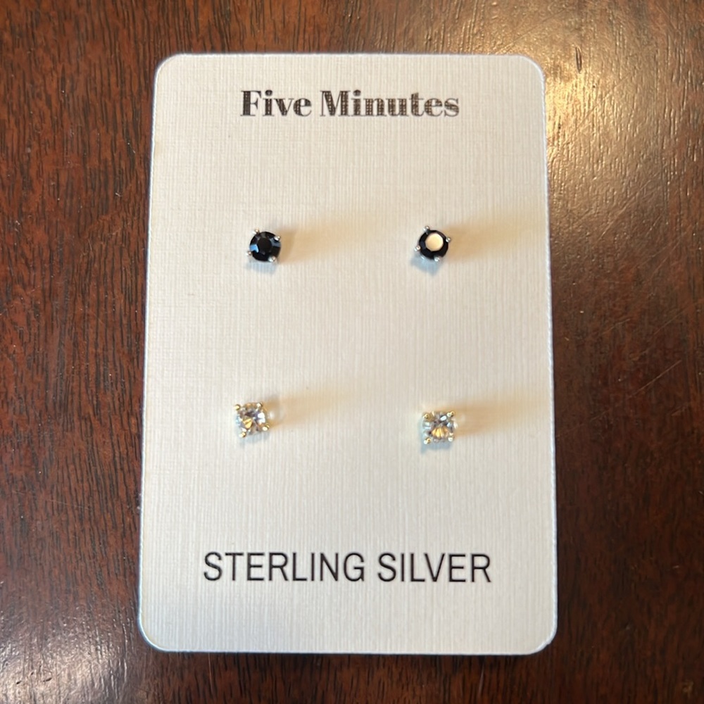 Five Minutes Sterling Silver Stud Earrings 2 Pairs Black and Clear Crystal